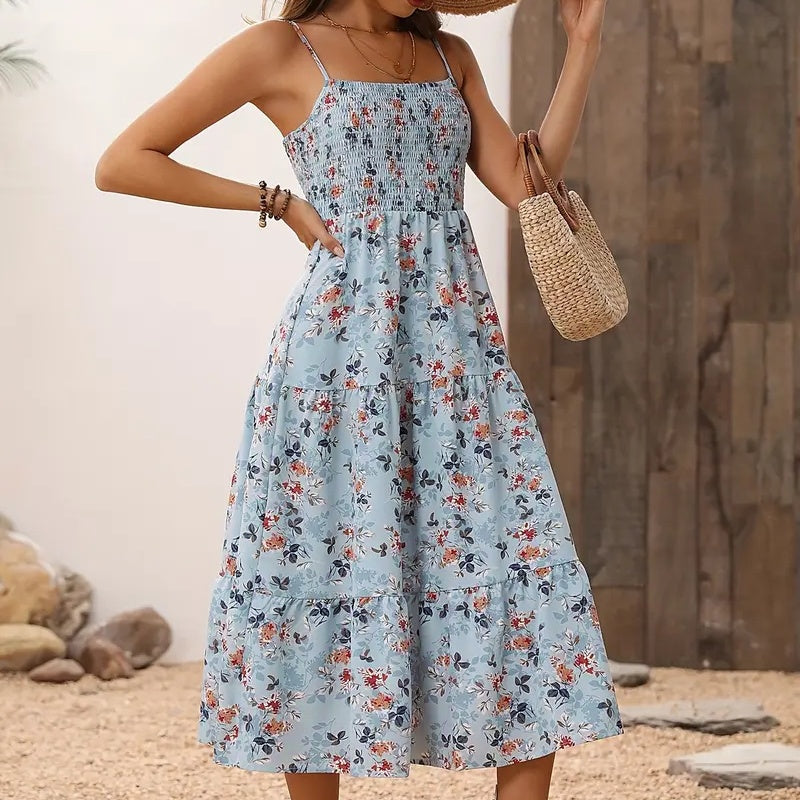 Women's Floral Midi Dress, Smocked Bodice, Spaghetti Strap, Tiered Summer Dress