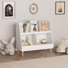 Kids Bookshelf and Toy Organizer, 5 Cubbies Wooden Open Bookcase, 2-Tier Baby Storage Display Organizer with Legs, Free Standing for Playing Room, Bedroom, Nursery, Classroom - White
