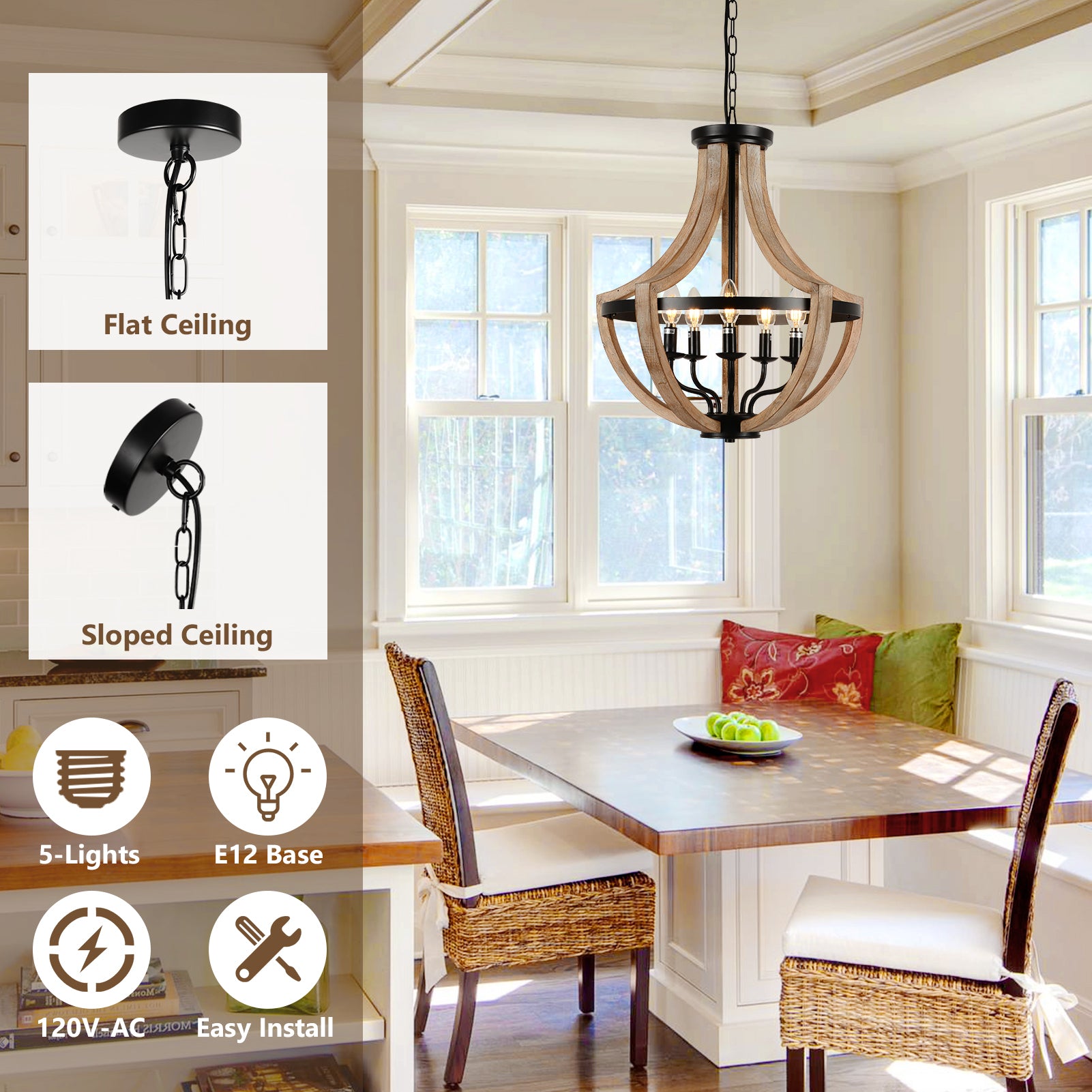 Farmhouse Wood Chandelier Light Fixtures 19"  - Brown