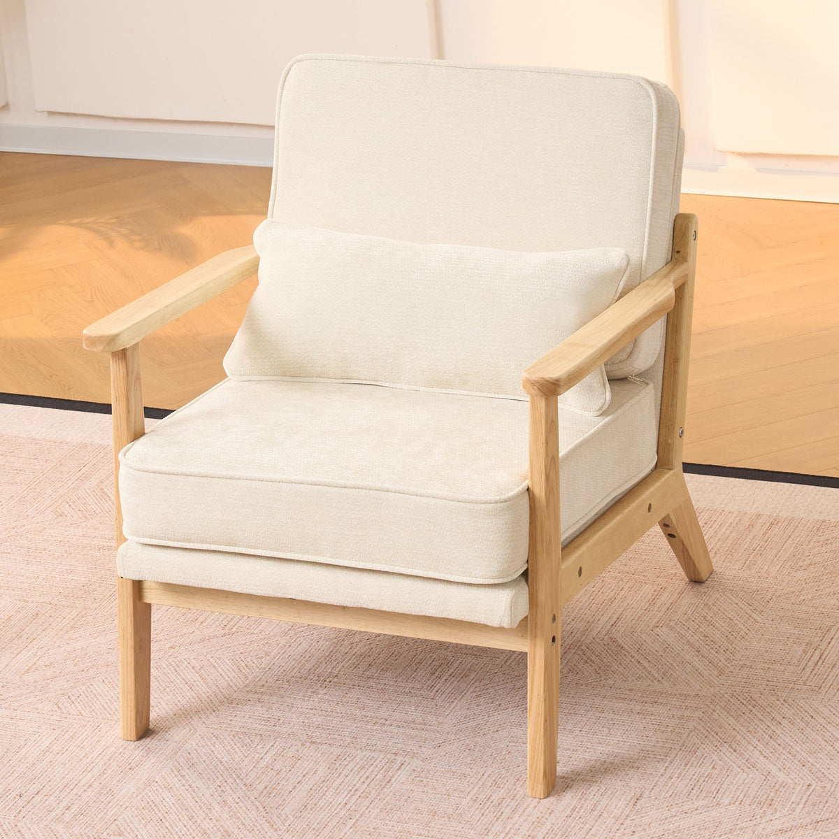 Mid-Century Living Room Chair Single, Fabric Cushioned Modern Armchair with Lumbar Pillow and Straight Wood Armrests, Accent Chair for Living Room, Bedroom and Office, Beige