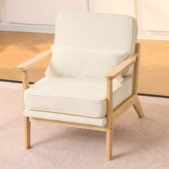Mid-Century Living Room Chair Single, Fabric Cushioned Modern Armchair with Lumbar Pillow and Straight Wood Armrests, Accent Chair for Living Room, Bedroom and Office, Beige