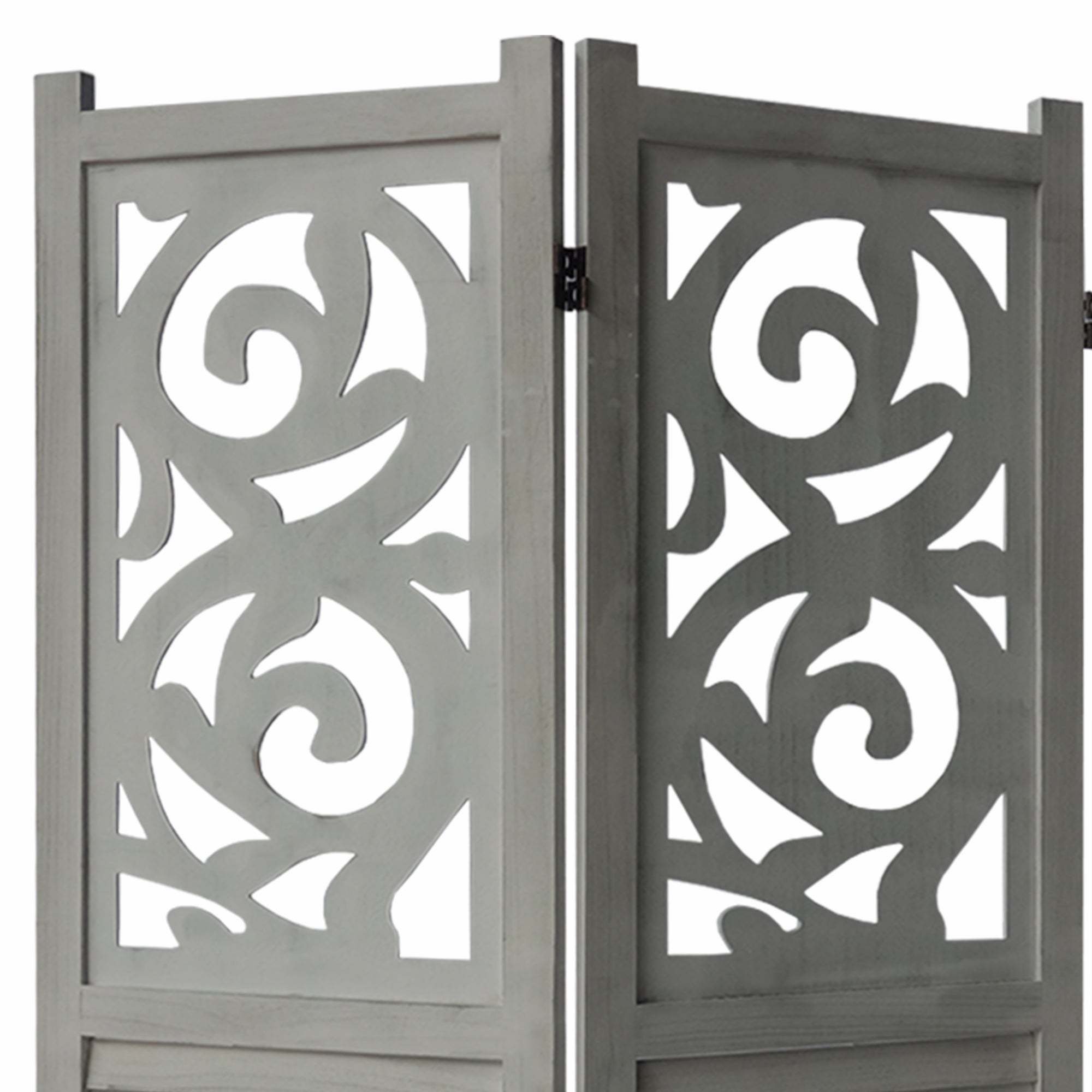 Paulownia Wood Panel Divider Screen, 67 Inch Ornate Scrolled Shutter Design, 3 Panels - Rustic Gray