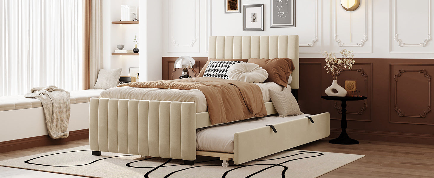 Twin Size Velvet Upholstered Platform Bed with Twin Size Trundle - Beige
