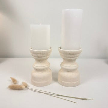 Set of 2 Candle Holders Minimalist Style Hand-Painted and Textured Wood 6" tall each - Cream White