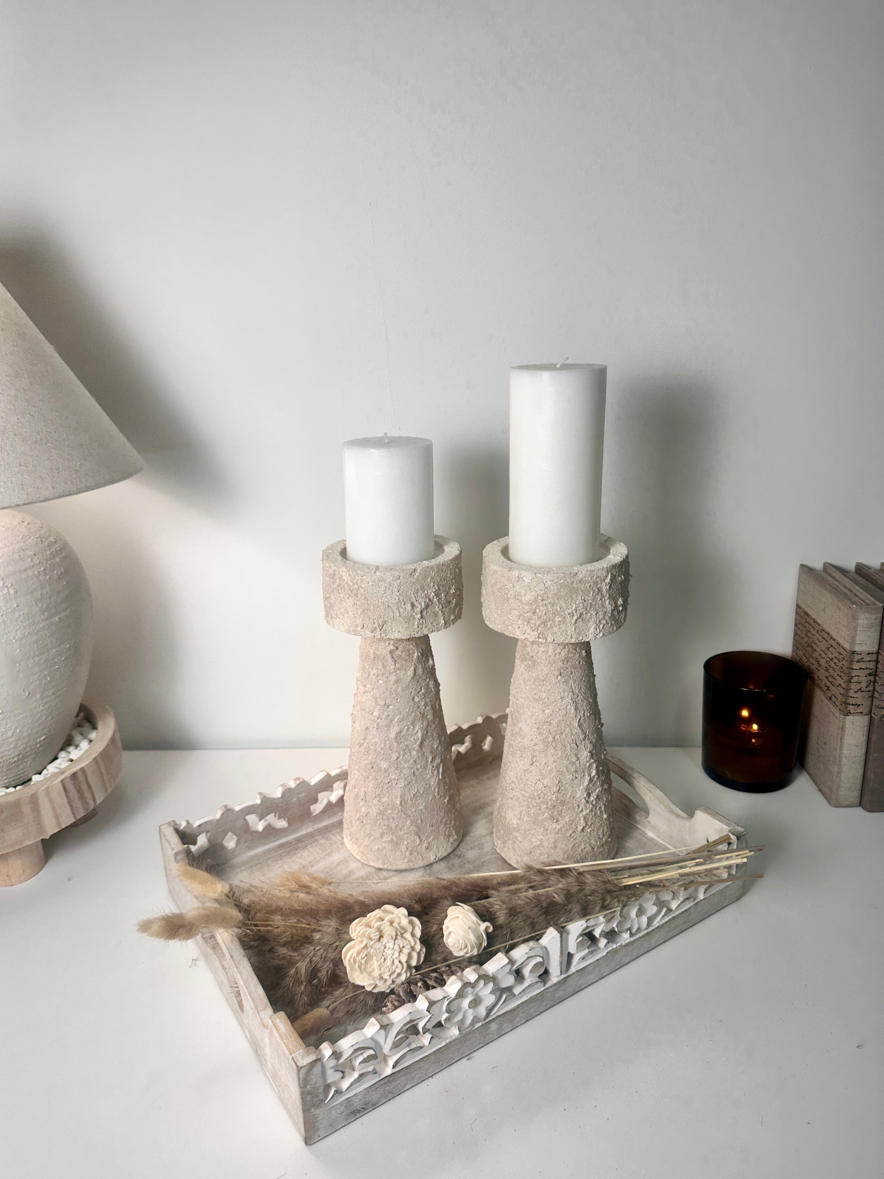 Set of 2 candle holder tray and stick minimalist style 11" tall - Cream wash