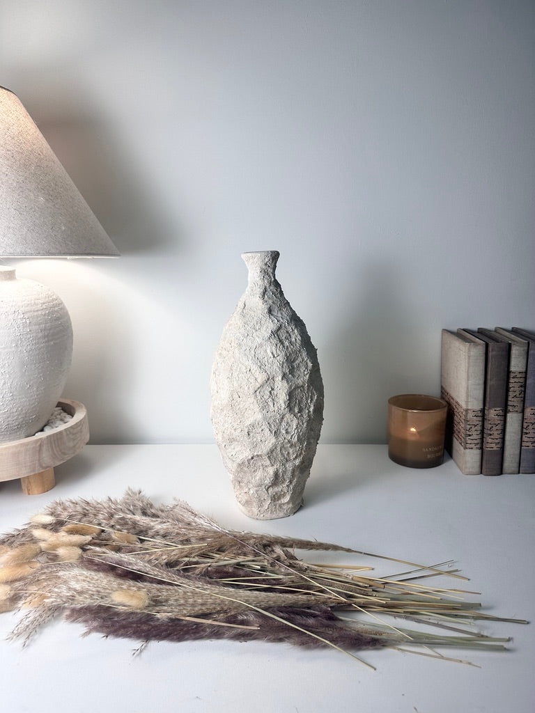 Minimalist Geometric Hand-Painted/Textured Ceramic Vase 14.5" - Cream washed
