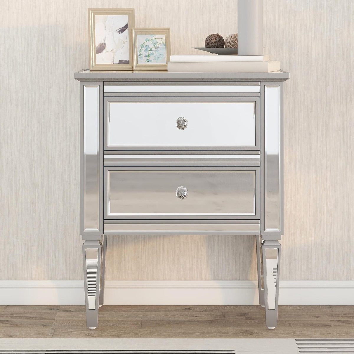 Elegant Mirrored Side Table with 2 Drawers, Modern Silver Finished