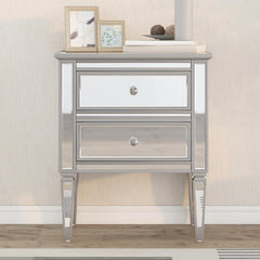 Elegant Mirrored Side Table with 2 Drawers, Modern Silver Finished