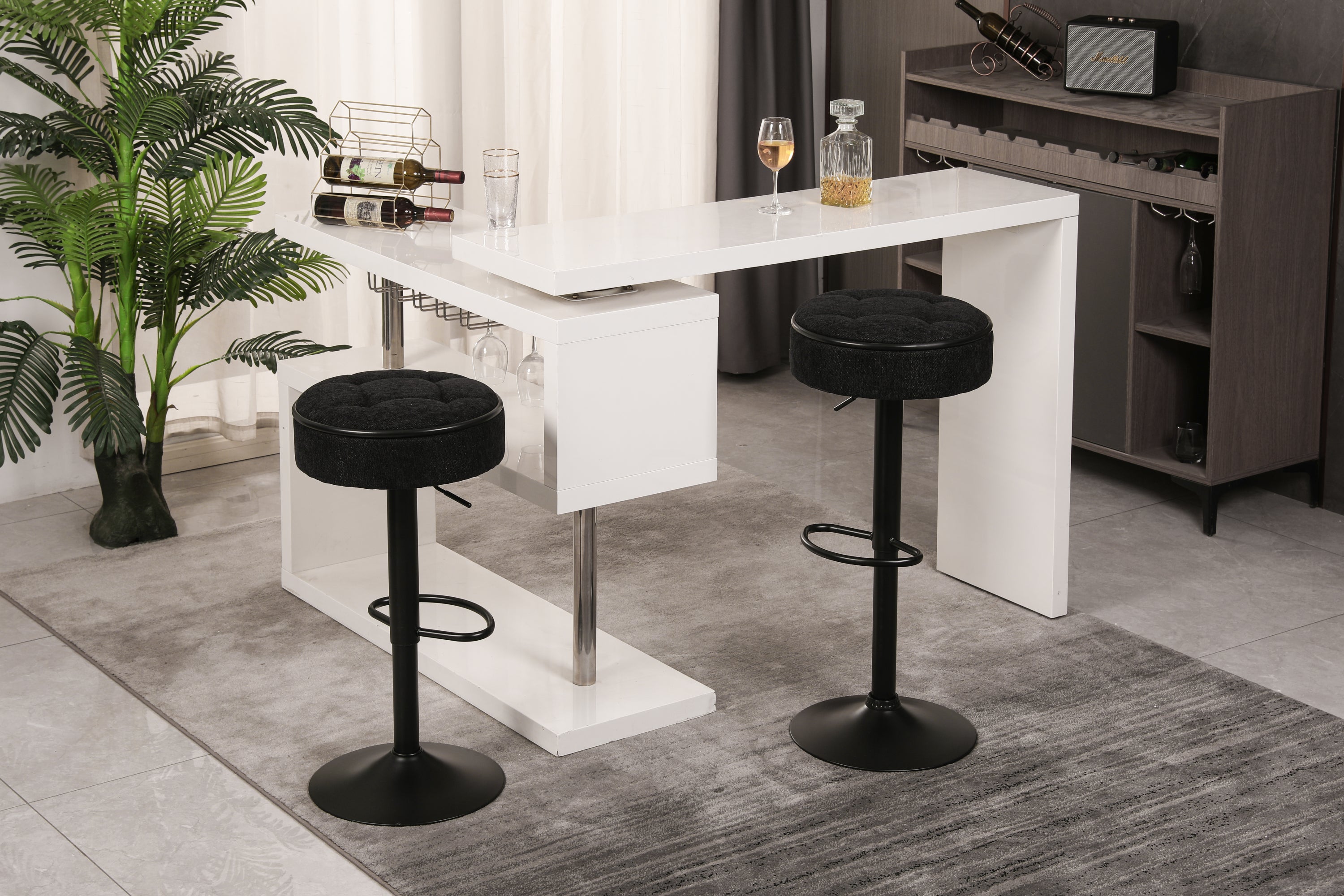 Set of 2 Round Storage Bar Stool Black Linen Height Adjustable Barstool, 360°Counter Height Swivel