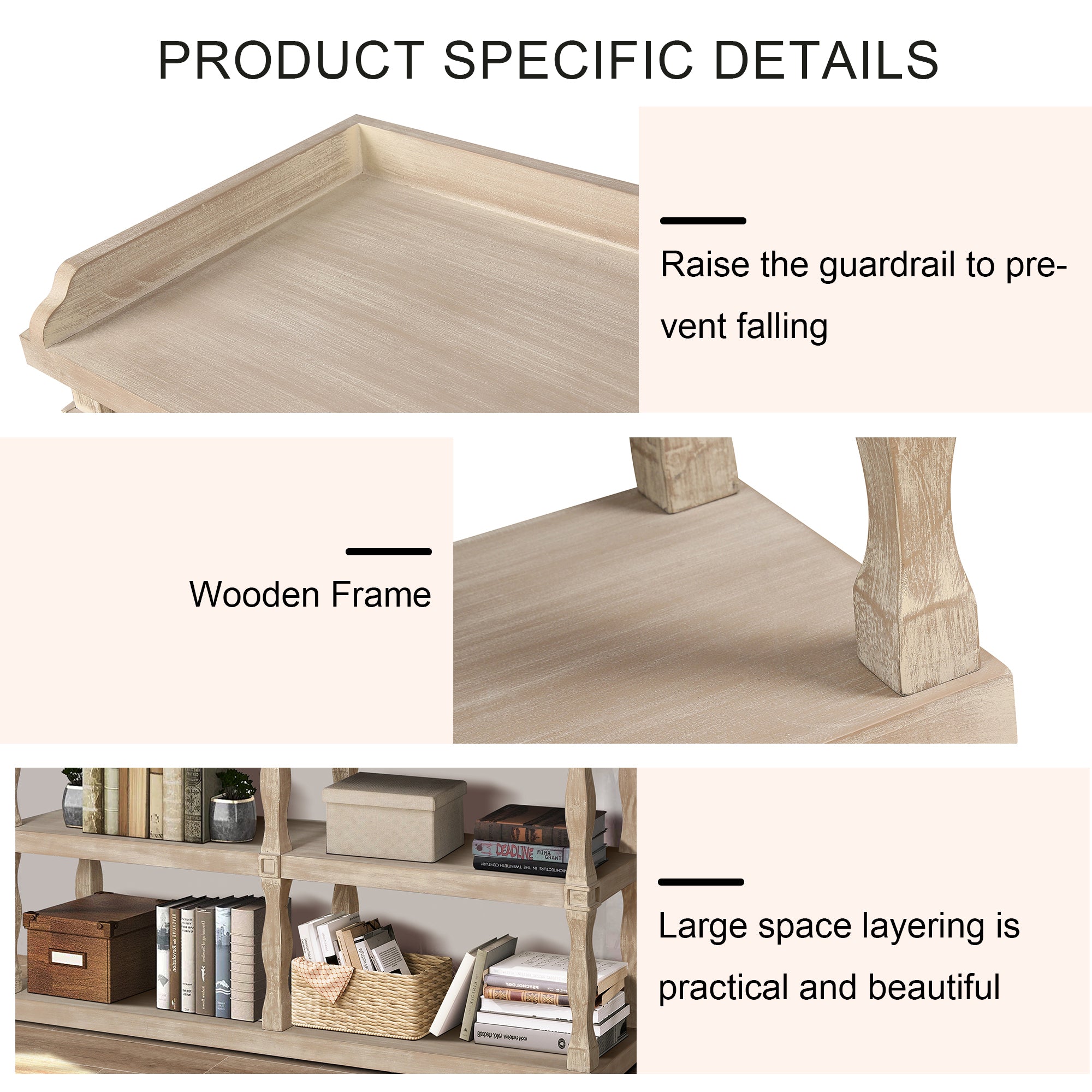 Console Table with 3-Tier Open Storage Spaces And Roman Column Effect Support Legs - Antique Wood+White