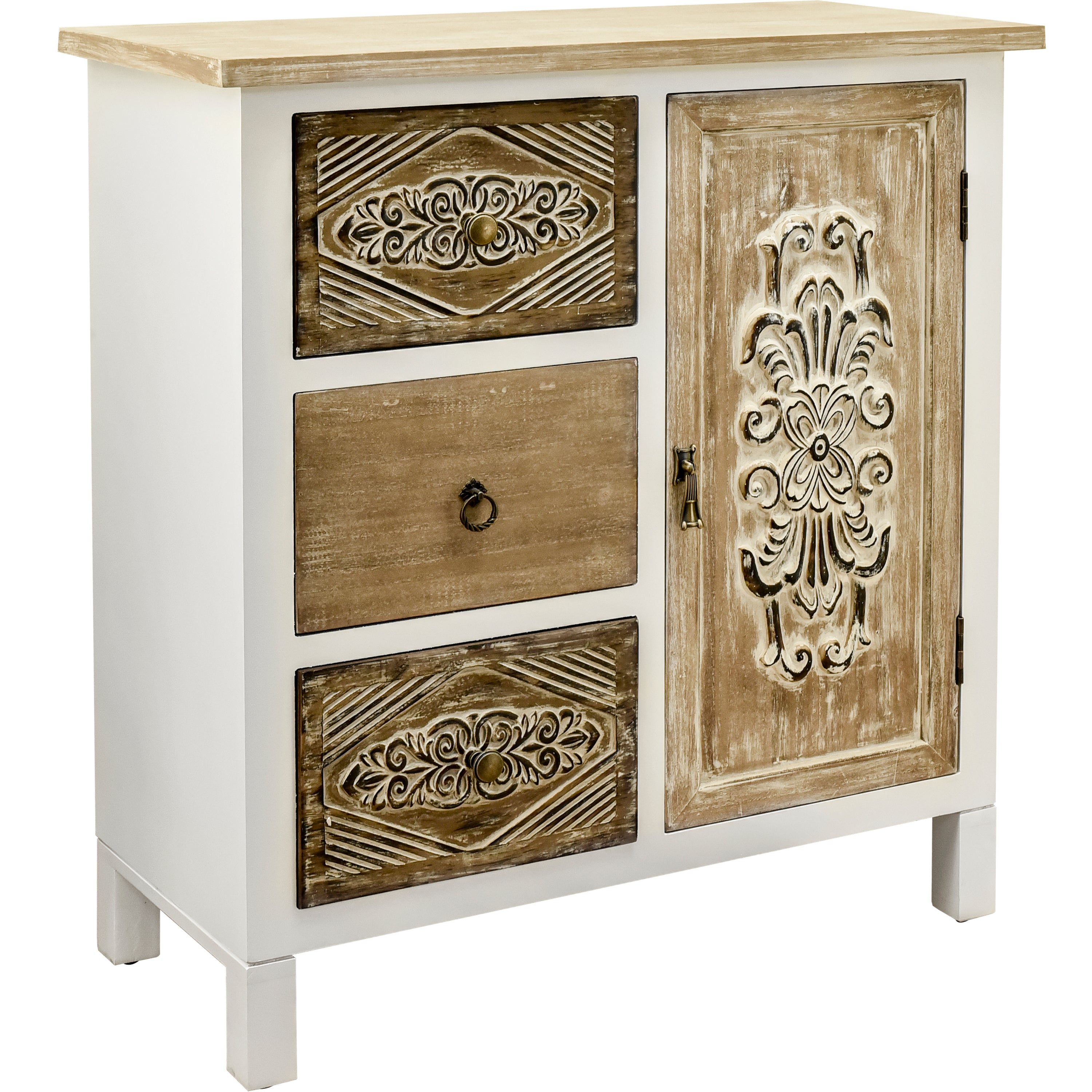 Hand-Carved Accent Cabinet with Vintage Charm - Versatile Storage and Distinctive Design - Fully Assembled