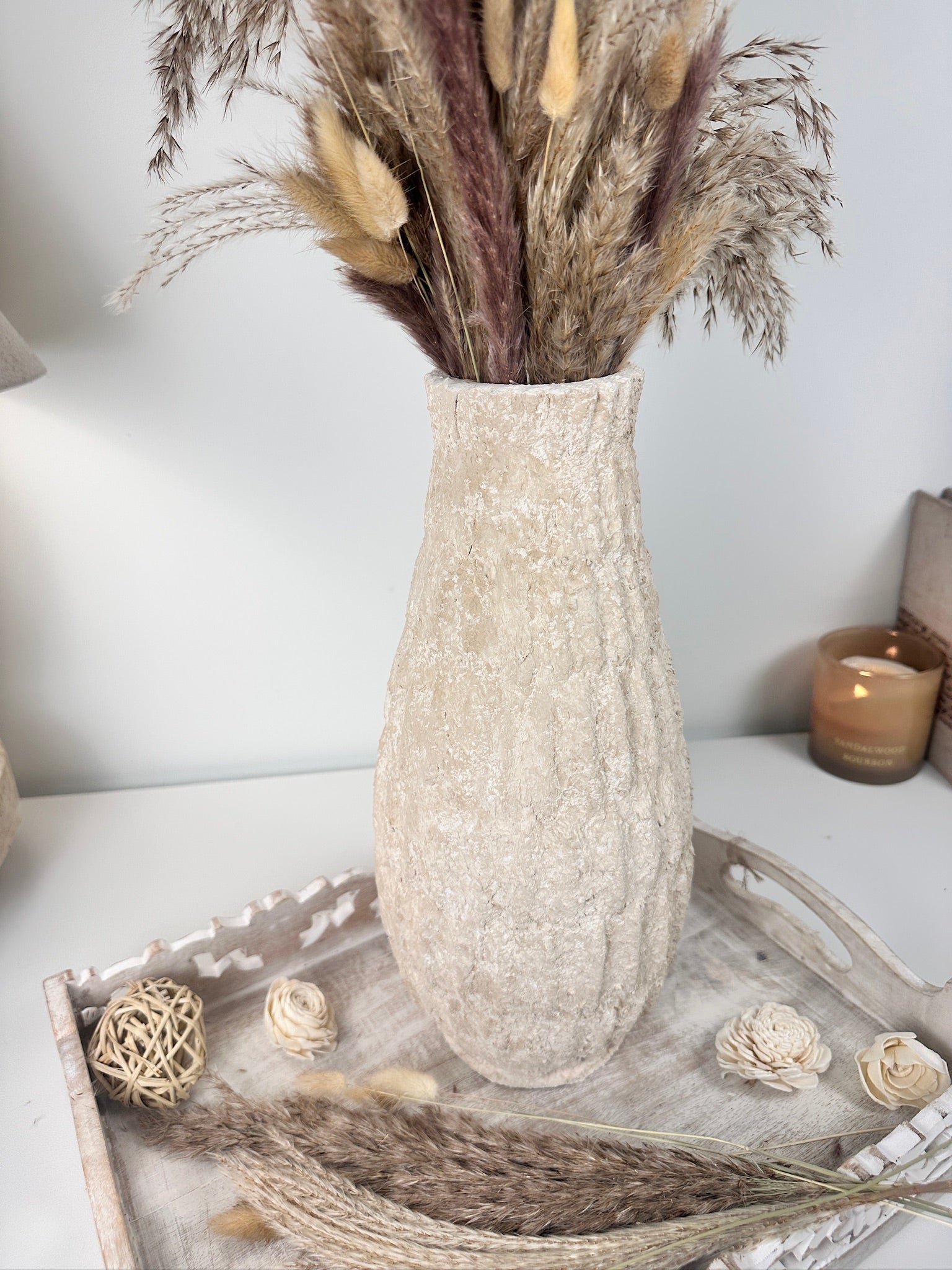 Minimalist Hand-Painted/Textured Ceramic Vase 14" - Cream Sand washed