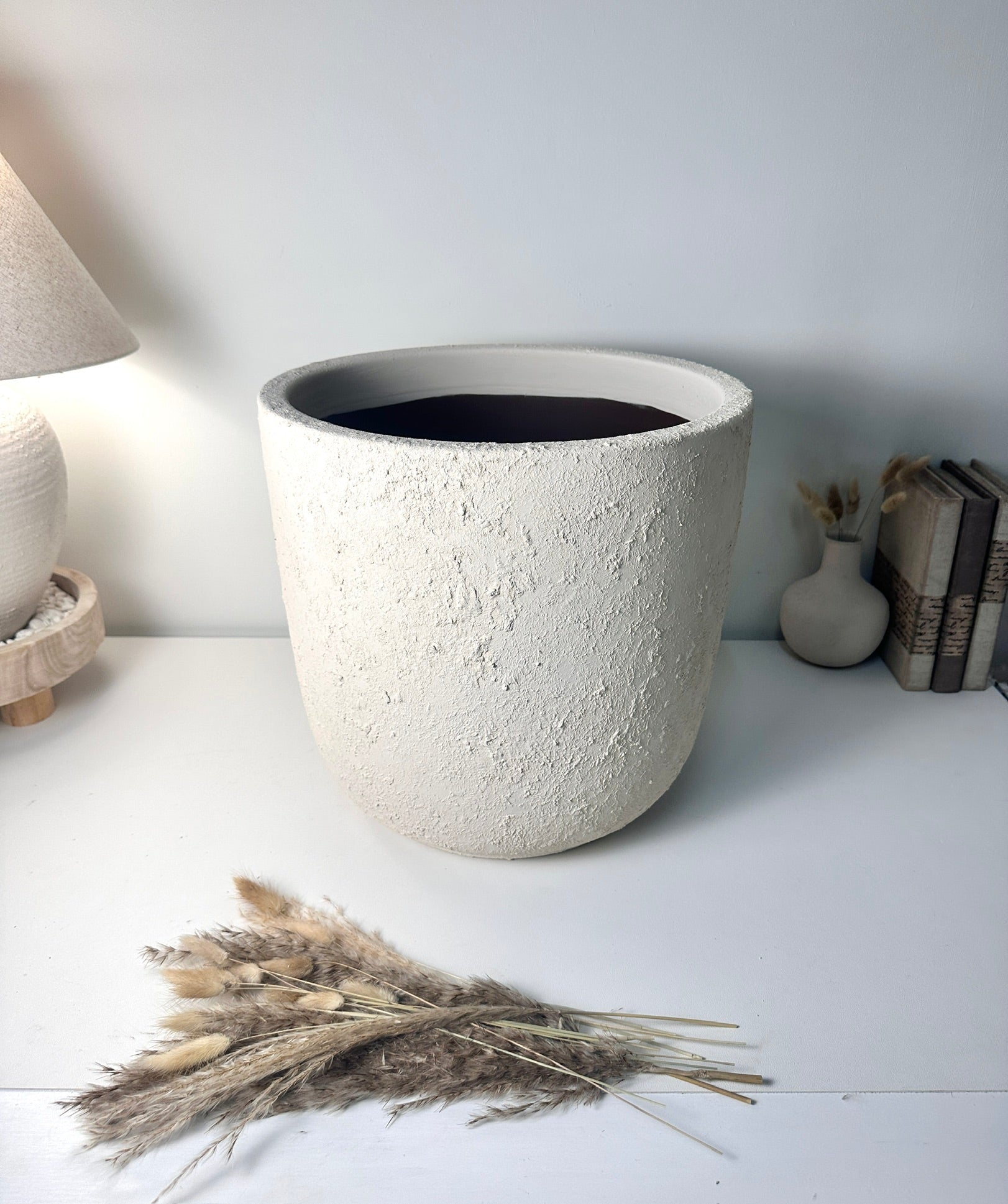 Minimalist Hand-Painted & Textured Planter Pot 14" tall with drainage hole one time creation - Cream