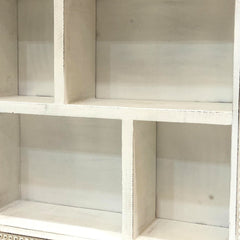 28 Inch Rectangular Wall Mount Mango Wood Shelf, 4 Compartments, Floral Carving, Distressed White