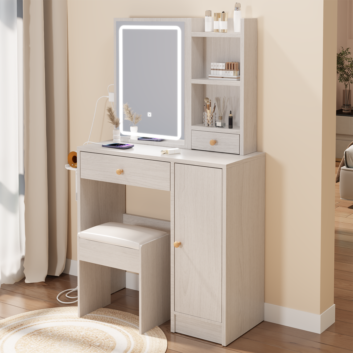 Vanity Table + Cushioned Stool, With 2 AC Power + 2 USB Socket, Extra Large Sliding LED Mirror