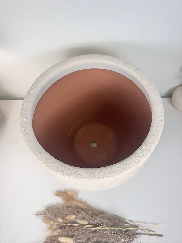 Minimalist Hand-Painted & Textured Planter Pot 12" tall with drainage hole one time creation - Cream