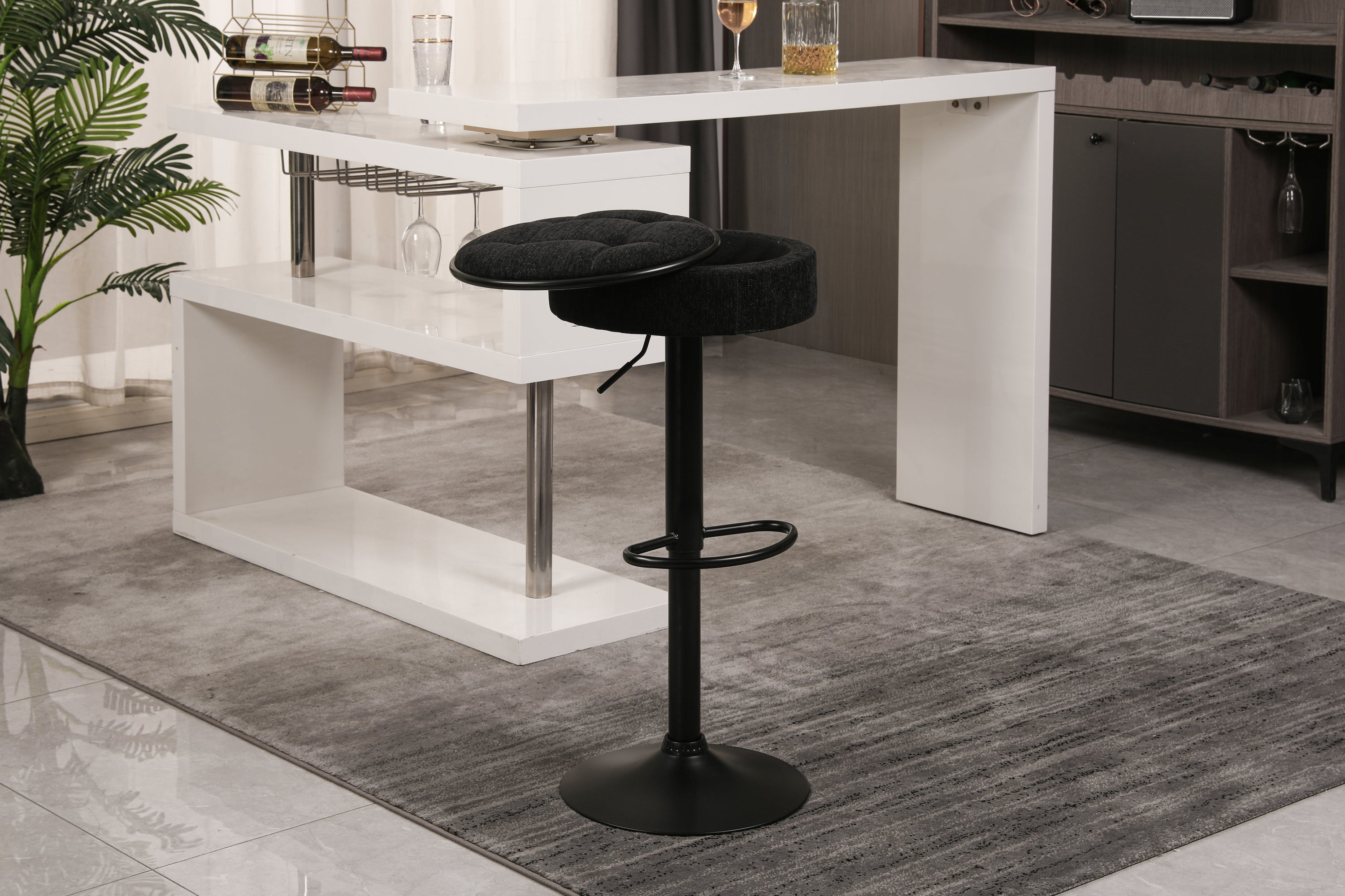 Set of 2 Round Storage Bar Stool Black Linen Height Adjustable Barstool, 360°Counter Height Swivel