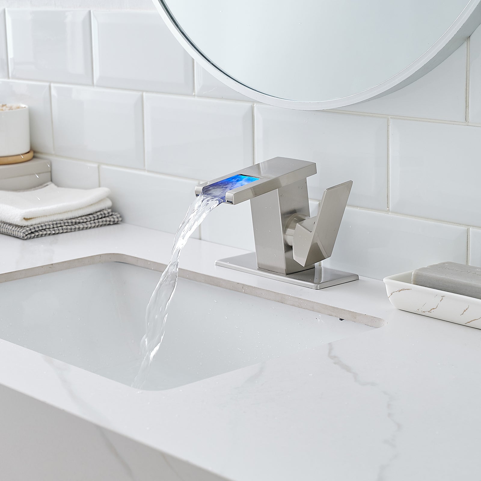 Bathroom Sink Faucet LED Light 3 Colors Changing Waterfall Glass  - Brushed Nickel