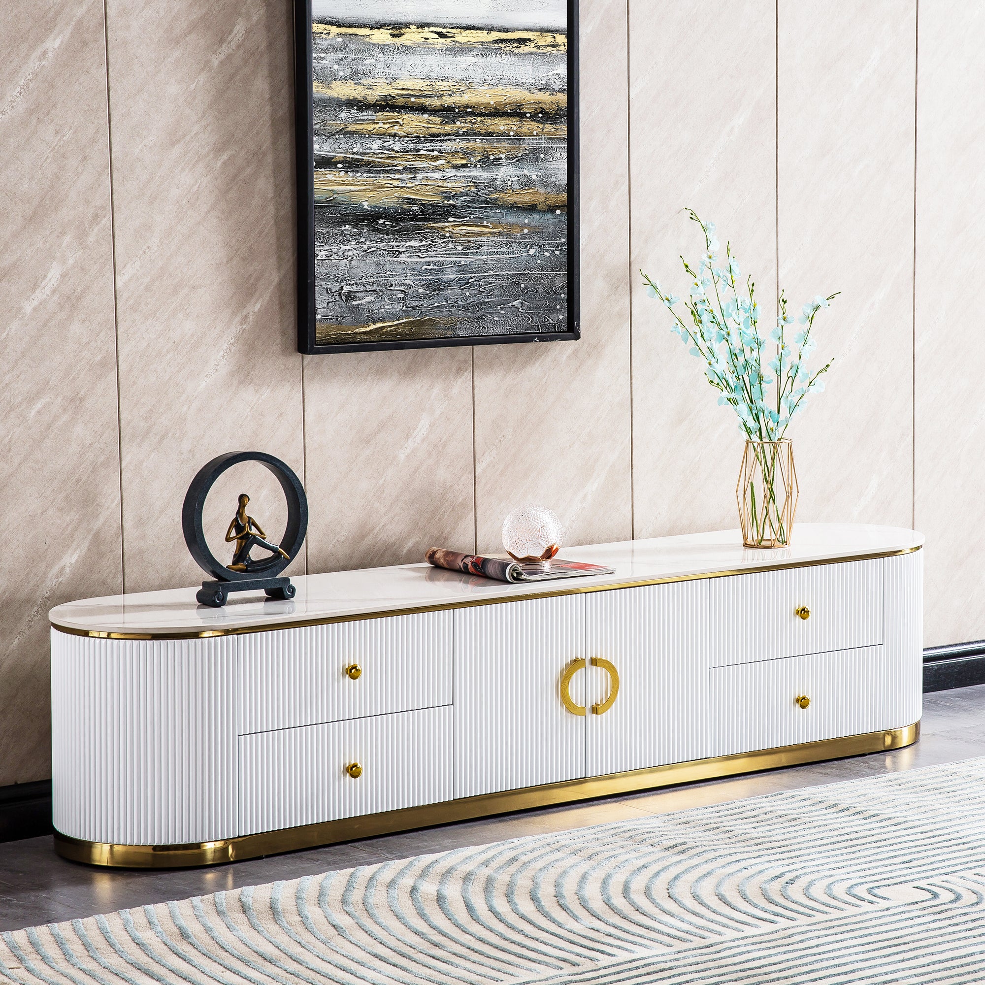 White Sintered Stone TV Stand, Media Console Television Table