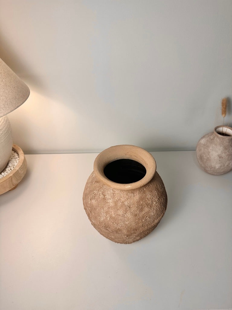 Earth Brown Color Ceramic Vase Painted and Textured By Hand 10.5x9x9"