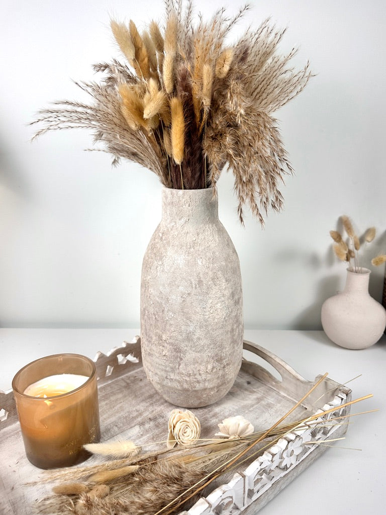 Rustic Hand-Painted/Textured Ceramic Vase 12” tall - beige washed