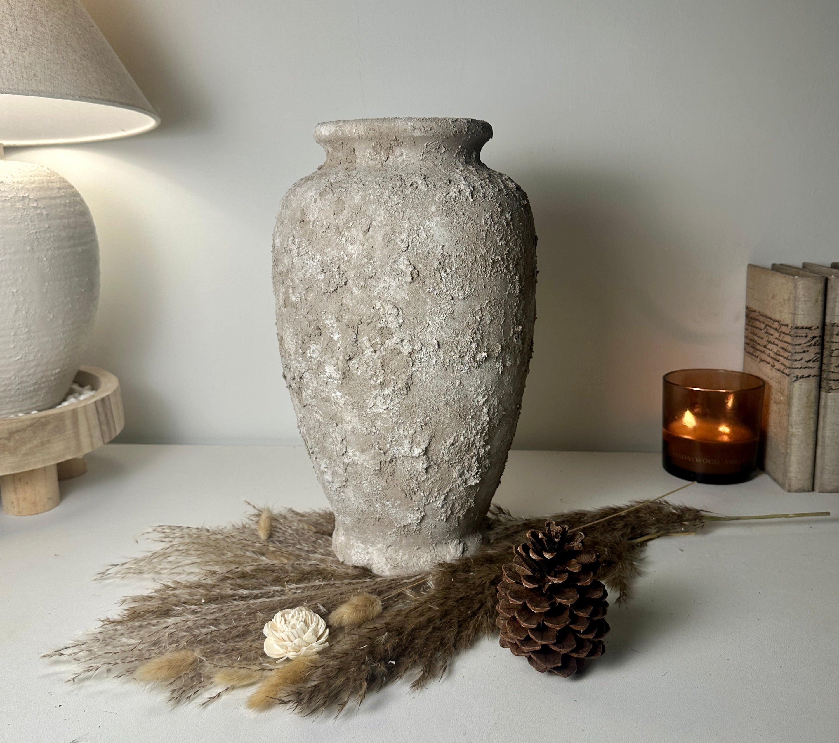 Rustic Hand-Painted Textured Ceramic Vase 14" tall - Beige Wash