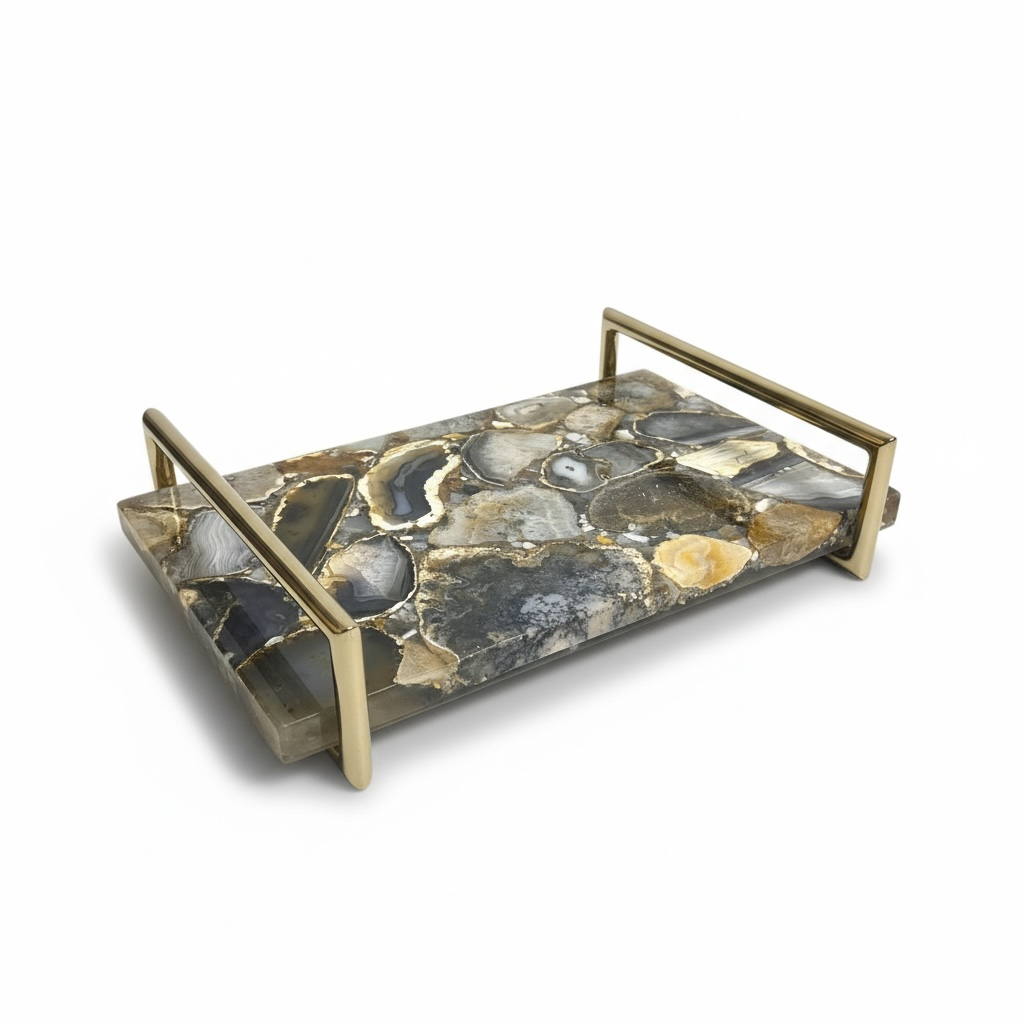 Gemstone mosaic style tray with Gold handle