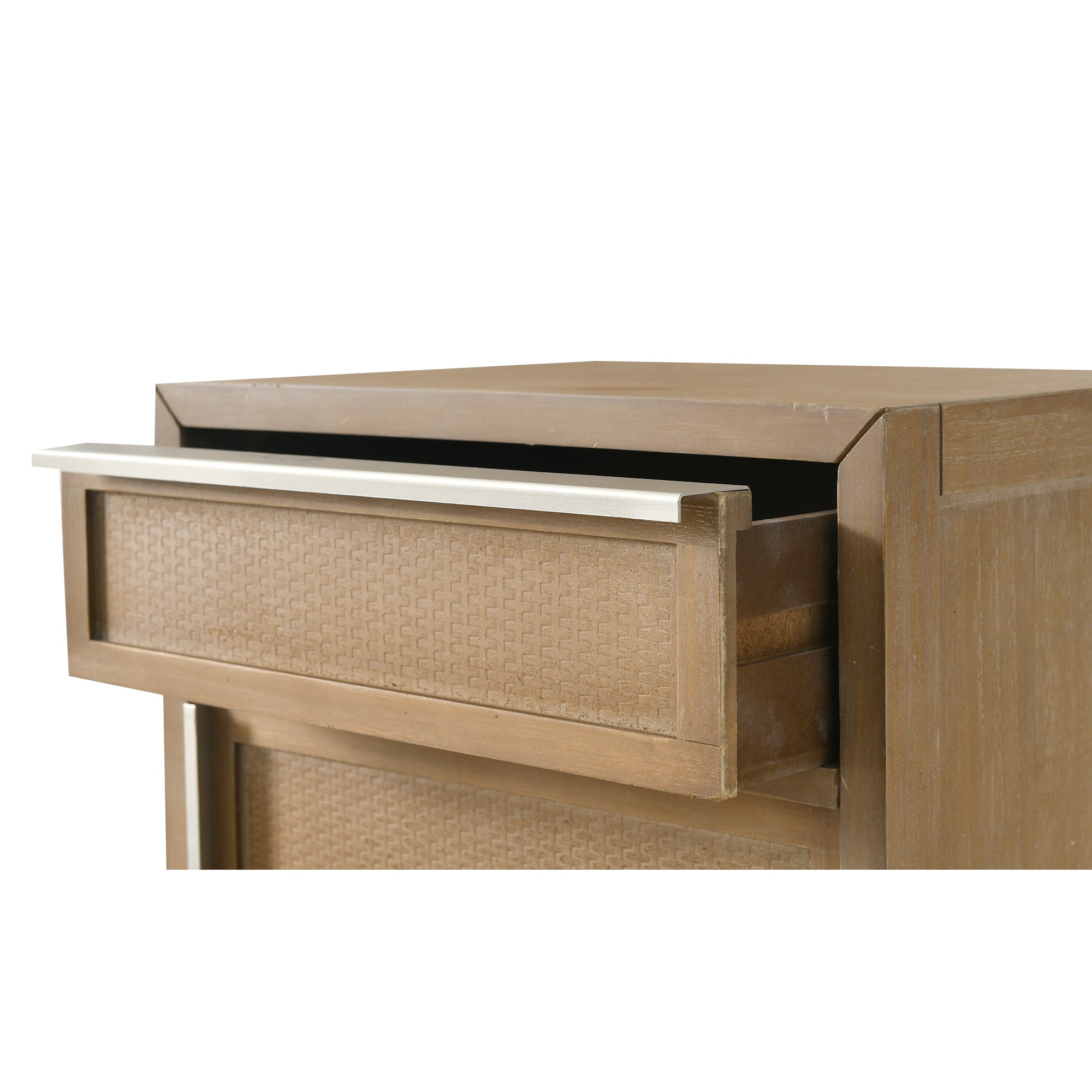 Handwoven End Table with Drawer, Cabinet, and Artisanal Wood Finish - No Assembly Required