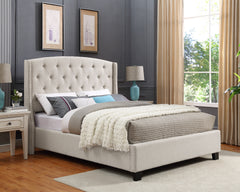 Queen Size Nantarre Fabric Button Tufted Wingback Upholstered Bed with Nail Head Trim, Beige