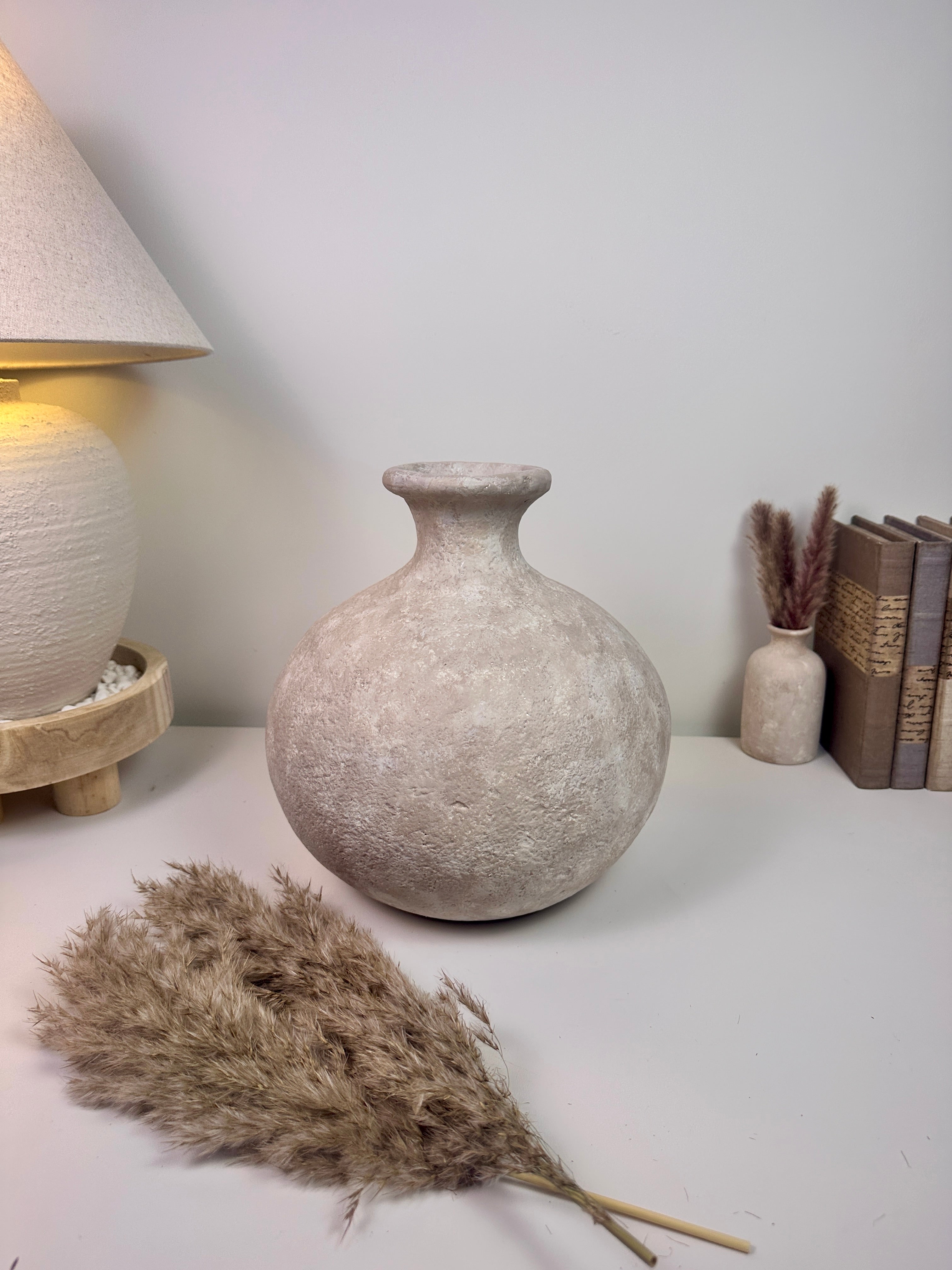 Minimalist Hand-Painted Ceramic Round Bottle Vase 11" tall -  Beige Washed