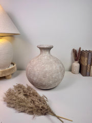 Minimalist Hand-Painted Ceramic Round Bottle Vase 11" tall -  Beige Washed