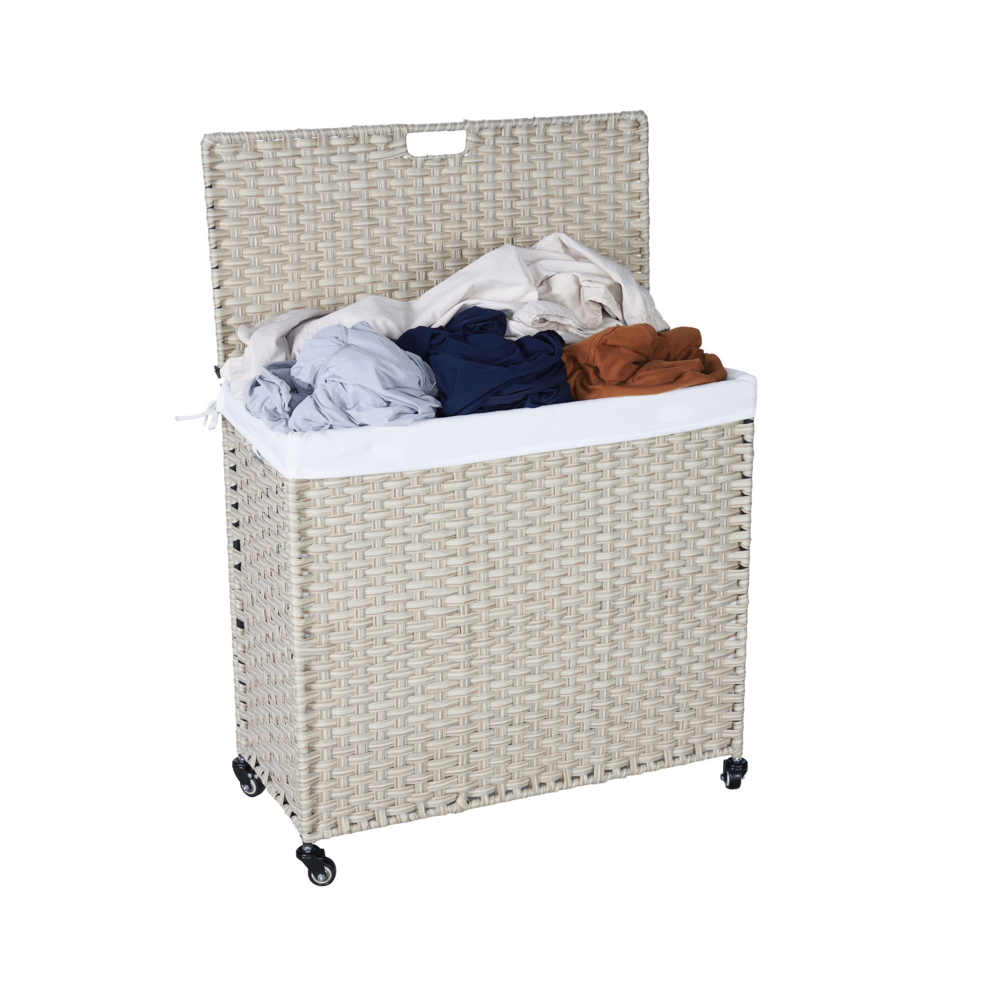 Laundry Hamper With Lid PE Rattan Powder Coating Frame Clothes Hampers with 2 Removable Bags, Wheels, 160L, Light Grey