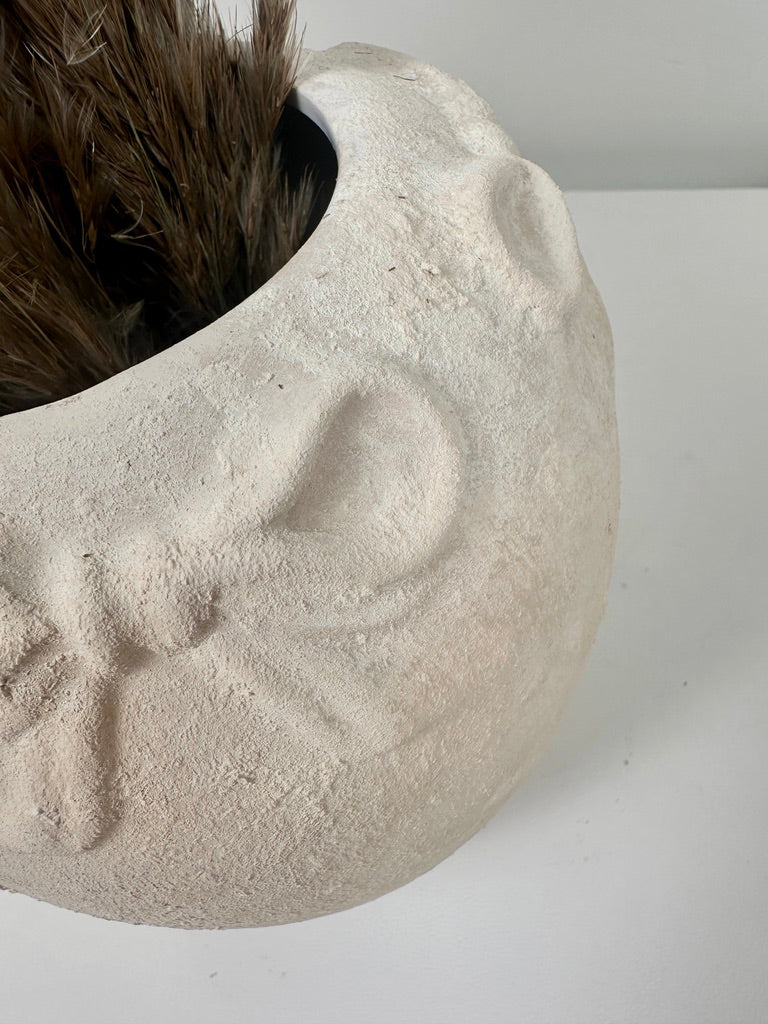 Hand-Painted Textured Ceramic Vase with Bow Accent, Cream Sand Washed, 7 Inch Tall