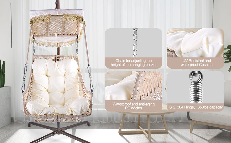 Swing Egg Chair with Stand Indoor Outdoor, UV Resistant Black Cushion with Cup Holder, Wicker Rattan Frame with Sunshade Cloth