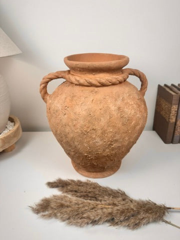 Stunning Roman Style Ceramic Vase Textured and Hand-Painted 15" tall - Brown Terracotta Color