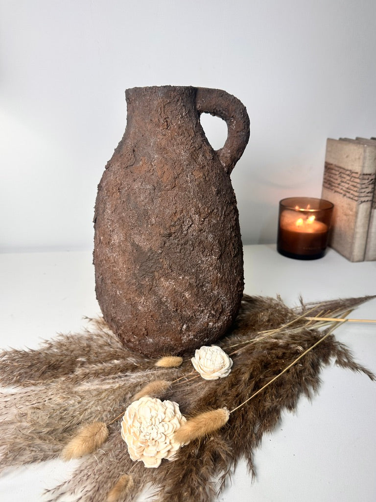 Rustic Tree Style Ceramic Vase Textured Handcrafted 12" tall - Dark Brown
