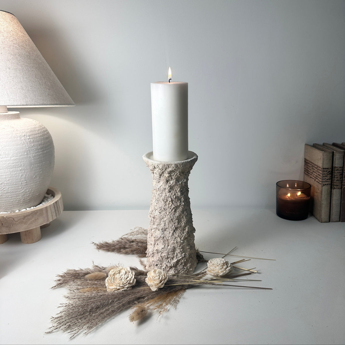 10'5  Minimalist Abstract Textured Candle Holder for Candlestick and Pillar Candle 10'5 tall - Cream wash