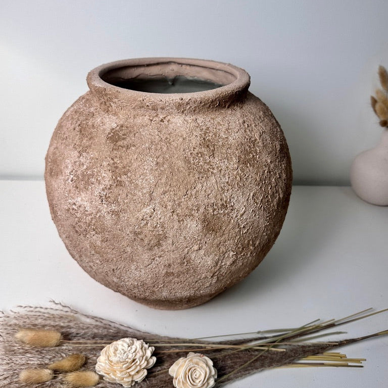 Rustic Textured Hand-Painted Ceramic Round Vase 14.5" - Earth Brown