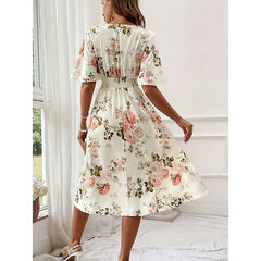 Women's Floral Summer Midi Dress, V-Neck, Empire Waist, Ruffle Short Sleeves