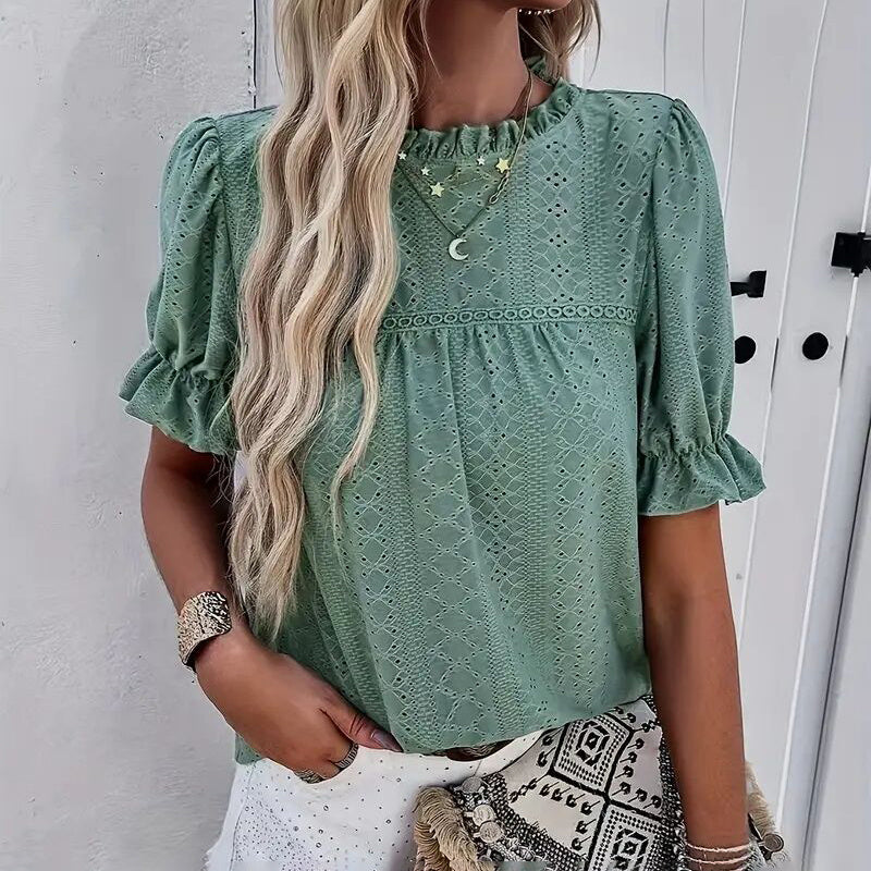 Women's Elegant Ruffle Detail Blouse Short Sleeve Round Neck Top