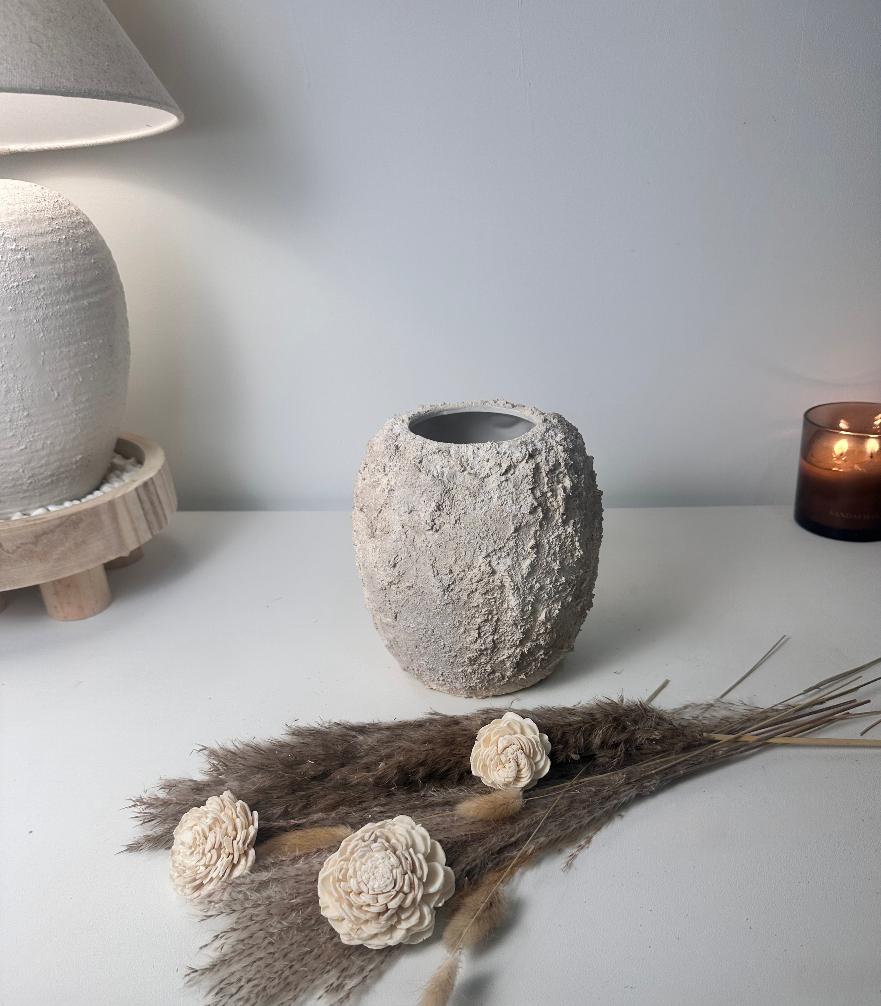 Minimalist Hand-Painted Textured Ceramic Round Vase 7" tall - cream sand wash