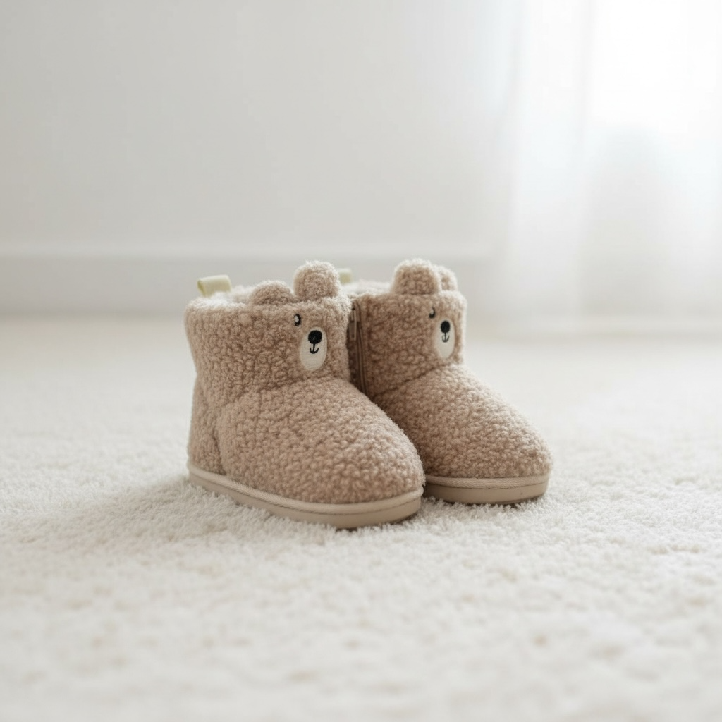 Cozy Winter Sherpa Fleece Bootie Slippers, Plush Lined Indoor House Bear Shoes for Toddlers, Beige