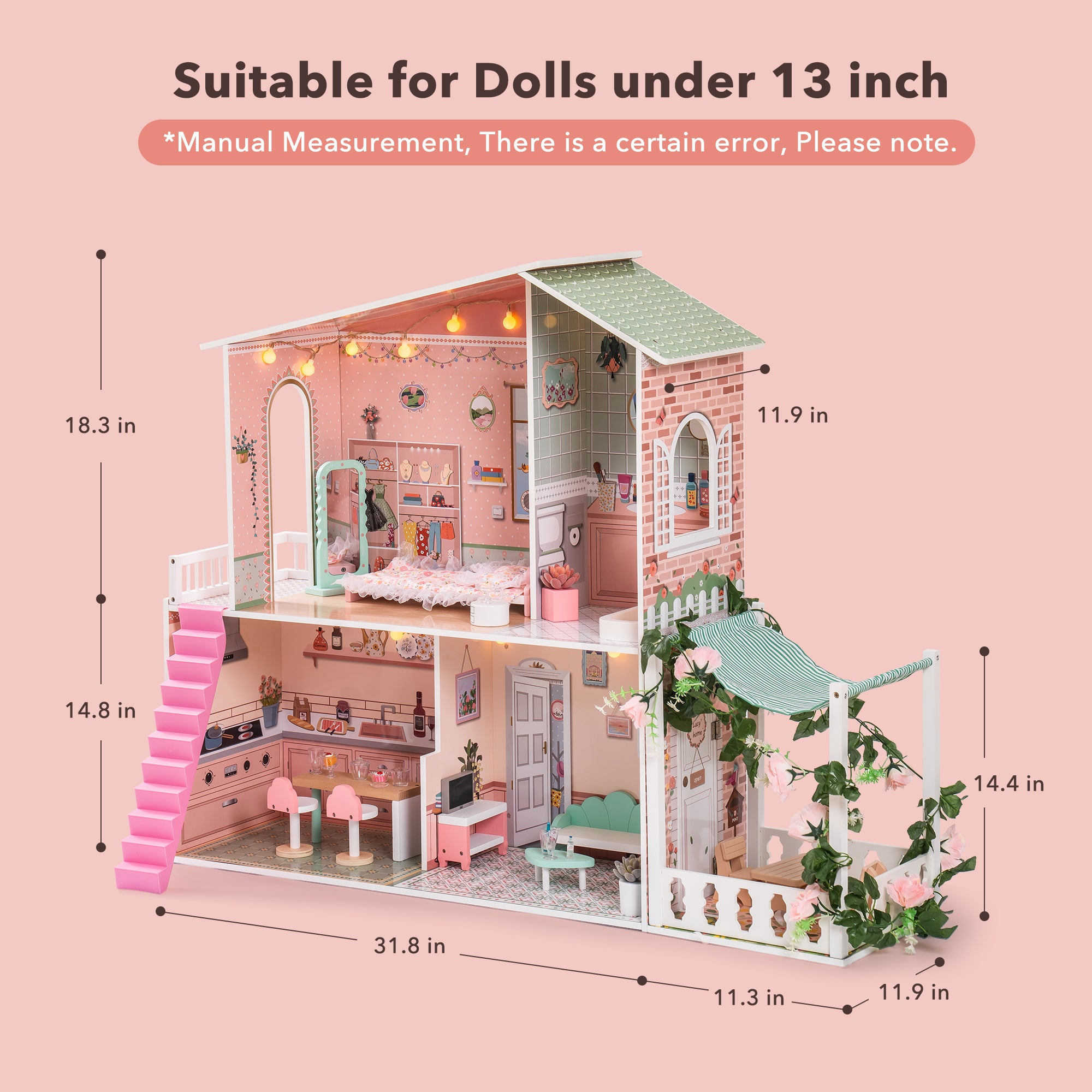 Stylish Dollhouse with Garden for 3+Kids - Green & Pink