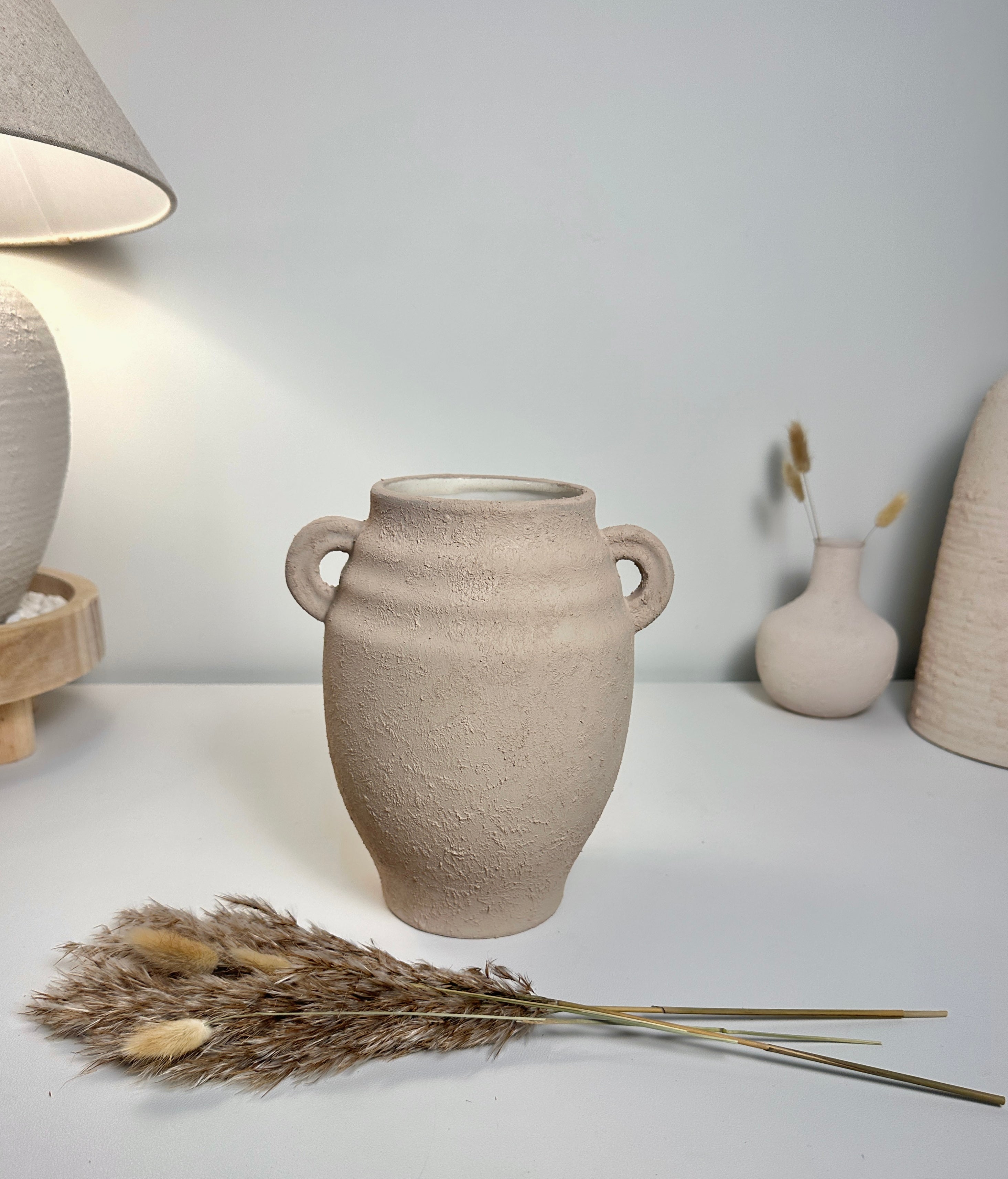 Minimalist Ceramic Textured Vase with 2 handles 9" tall - Tan