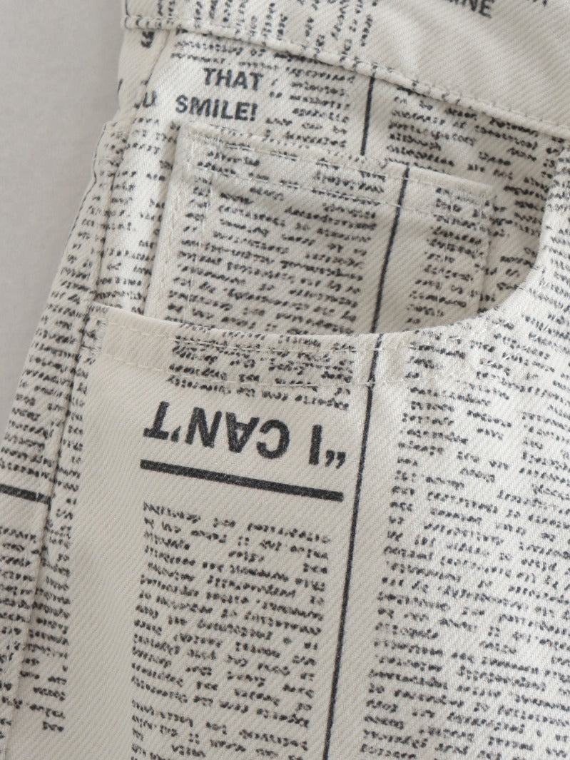 Vintage Newspaper Print Straight Leg Pants, High Waist, Gray and White