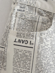 Vintage Newspaper Print Straight Leg Pants, High Waist, Gray and White