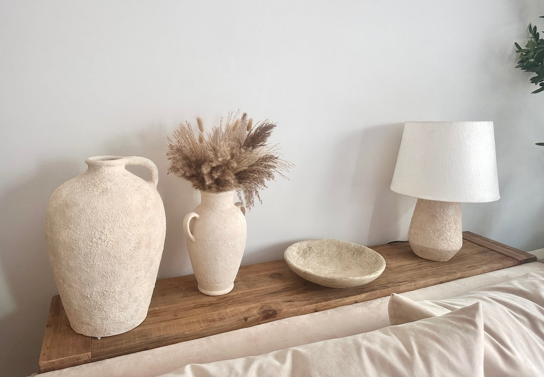 Amphora-inspired Shape Vase With One Handle, Painted And Textured By Hand, Off White/ Cream