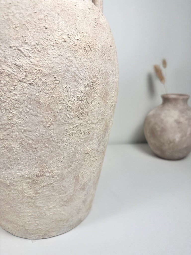 Amphora-inspired Shape Vase With One Handle, Painted And Textured By Hand, Off White/ Cream