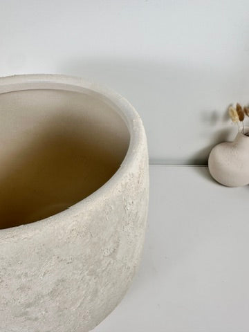 Minimalist Hand-Painted & Textured Planter Pot 12.5" tall with drainage hole one time creation - Cream Linen wash