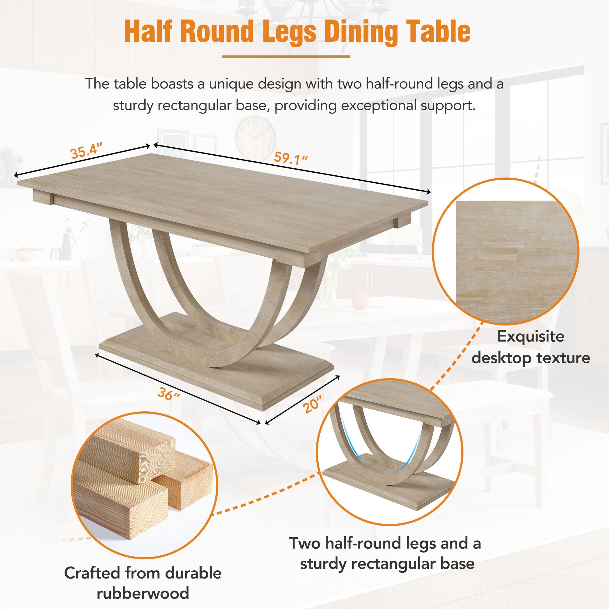 Modern Style 6-Piece Wood Half Round Dining Table Set with Long Bench and 4 Dining Chairs - Natural